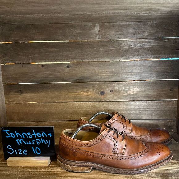 Mens‎ Johnston & Murphy Brown Leather Wingtip Oxford Dress Shoes Size 10 M GUC - Picture 1 of 6